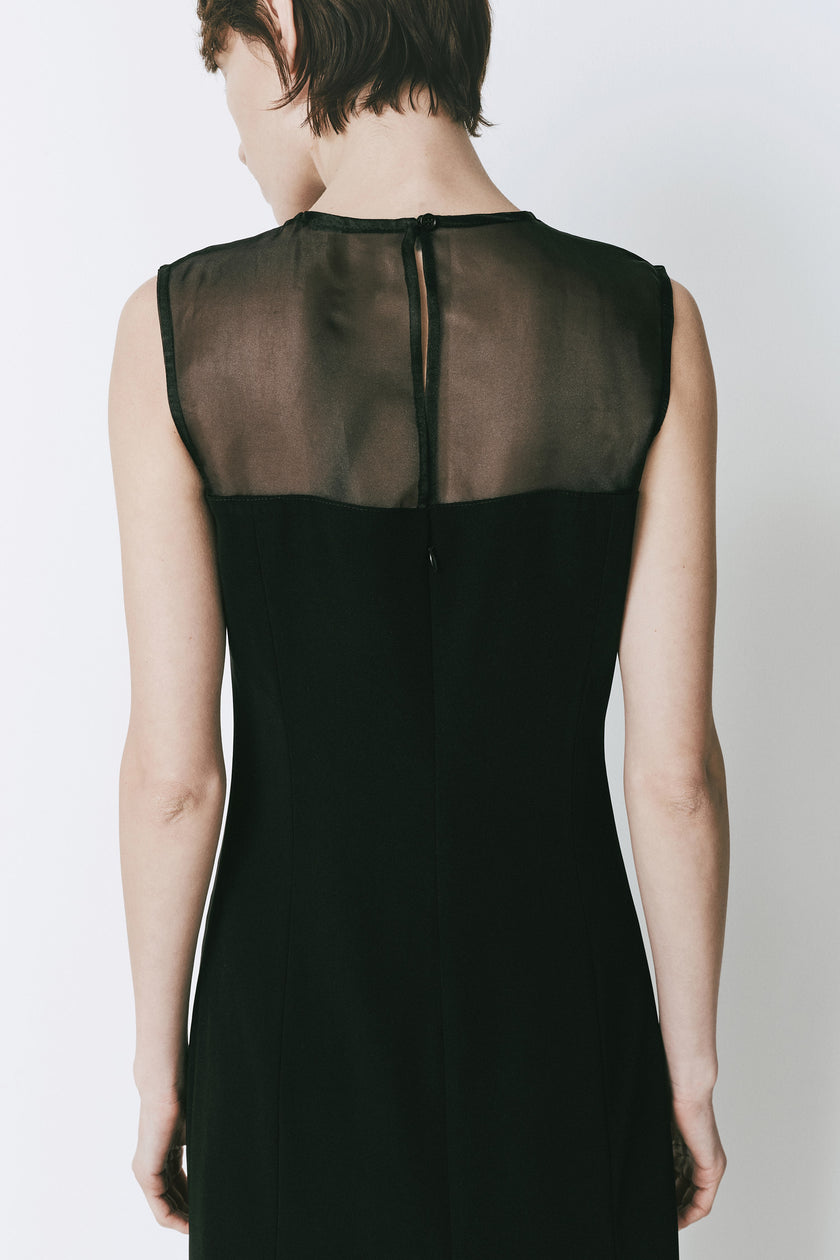 Black Marceau Organza Hem Midi Dress with sheer yoke detail, Rue Sophie design