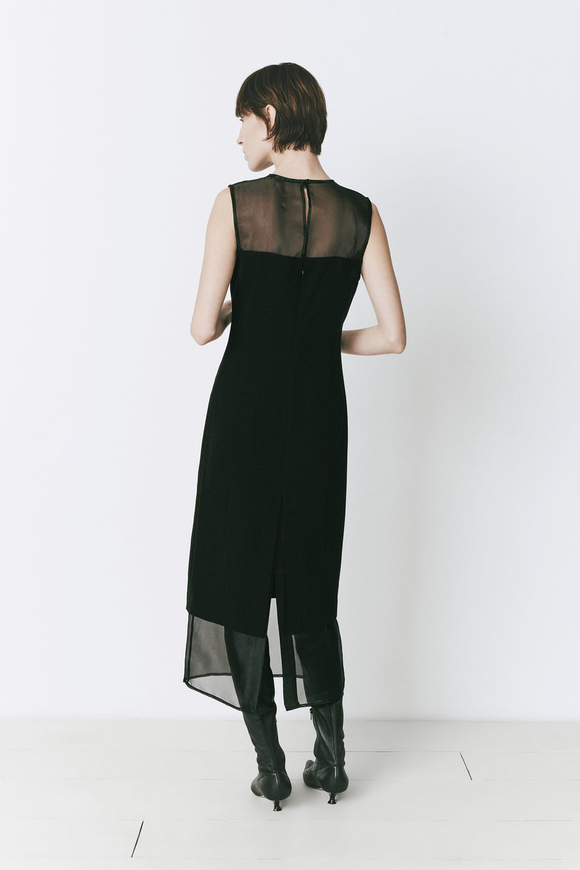 Black Marceau midi dress with sheer yoke and organza hem, Rue Sophie design, ideal for evening wear.