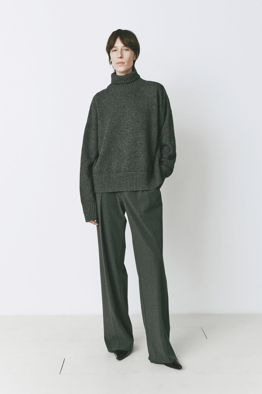 Dark grey wool-cashmere turtleneck sweater and trousers set, minimalist design, oversized fit