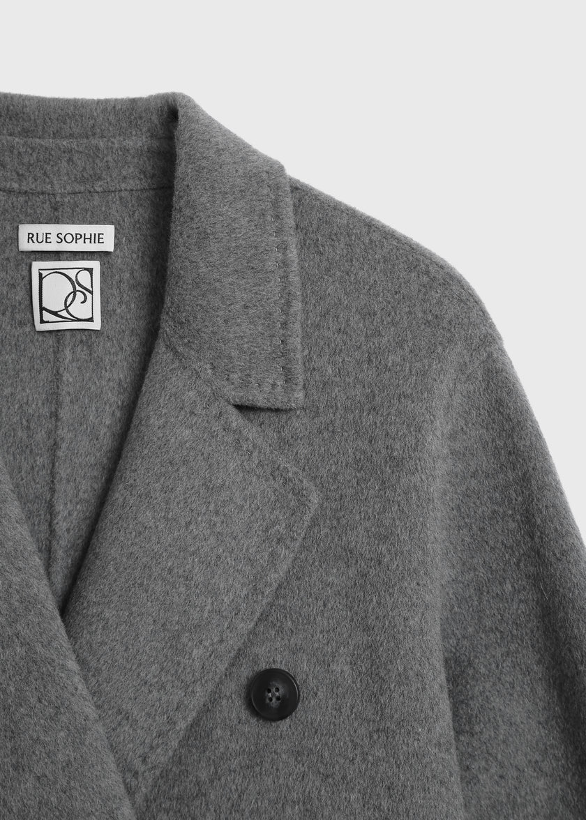 Rue Sophie Martine Belted Coat in grey wool-cashmere blend, oversized fit, fall fashion