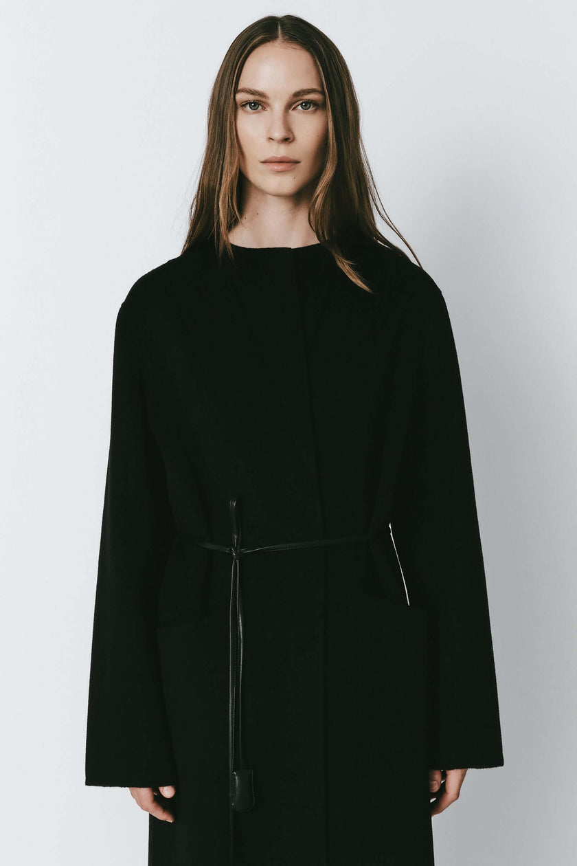 Mathé Belted Double-Faced Coat in black, oversized wool, cashmere, silk coat with belt