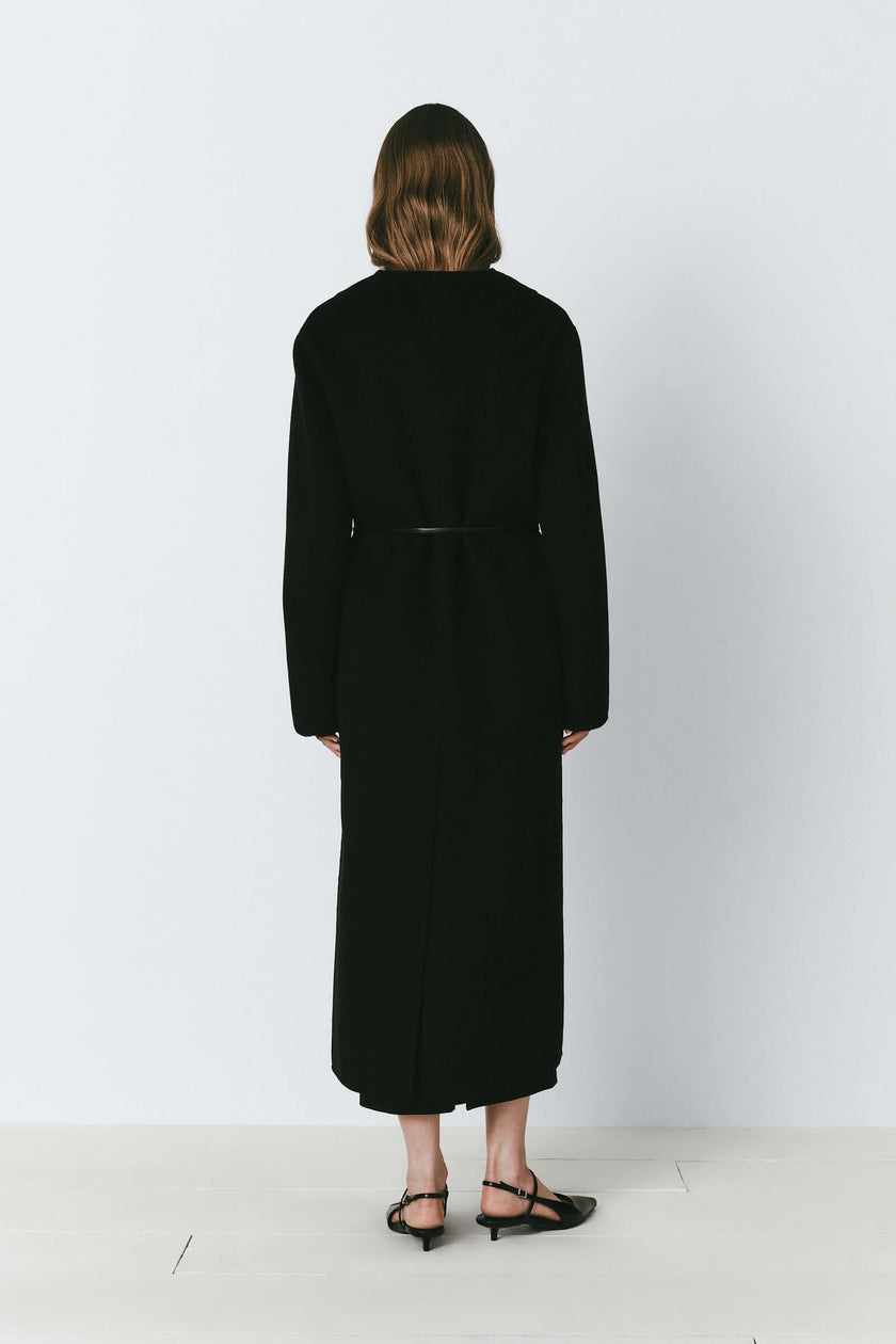 Black Mathé belted double-faced coat, oversized wool cashmere silk coat