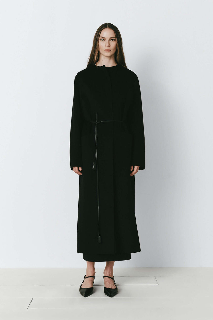 Black Mathé Belted Double-Faced Coat, wool cashmere silk, oversized silhouette