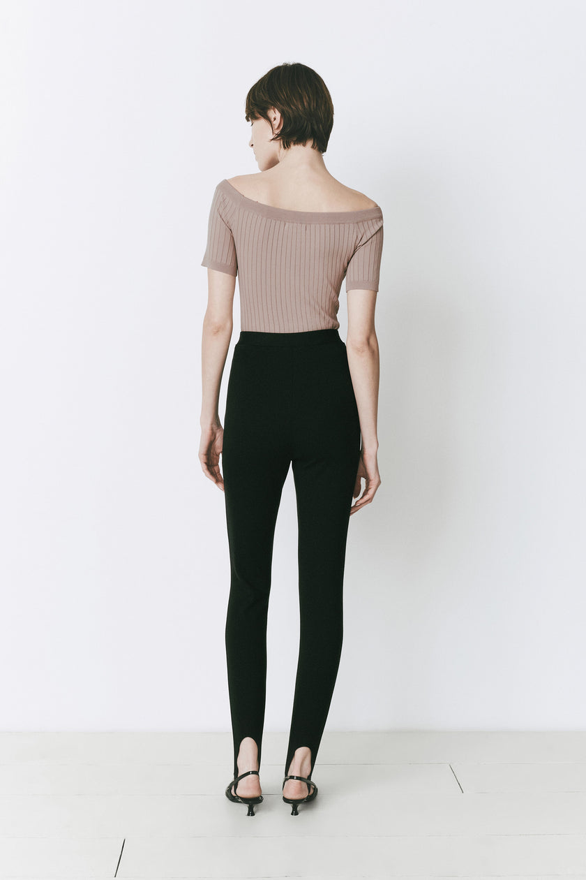 Maur Off Shoulder Top in Wheat with Black Leggings and Stirrups, modern versatility