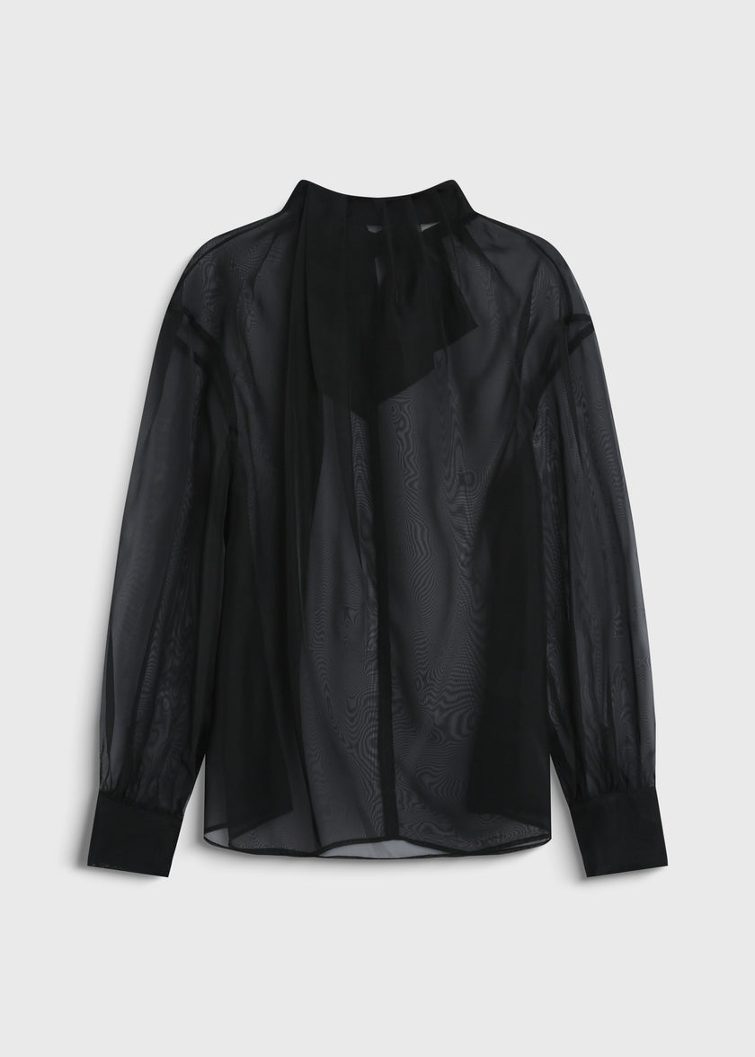 Black Monnaie Tie Neck Organza Top by Ruesophie - Sheer blouse, oversized fit for evening wear.