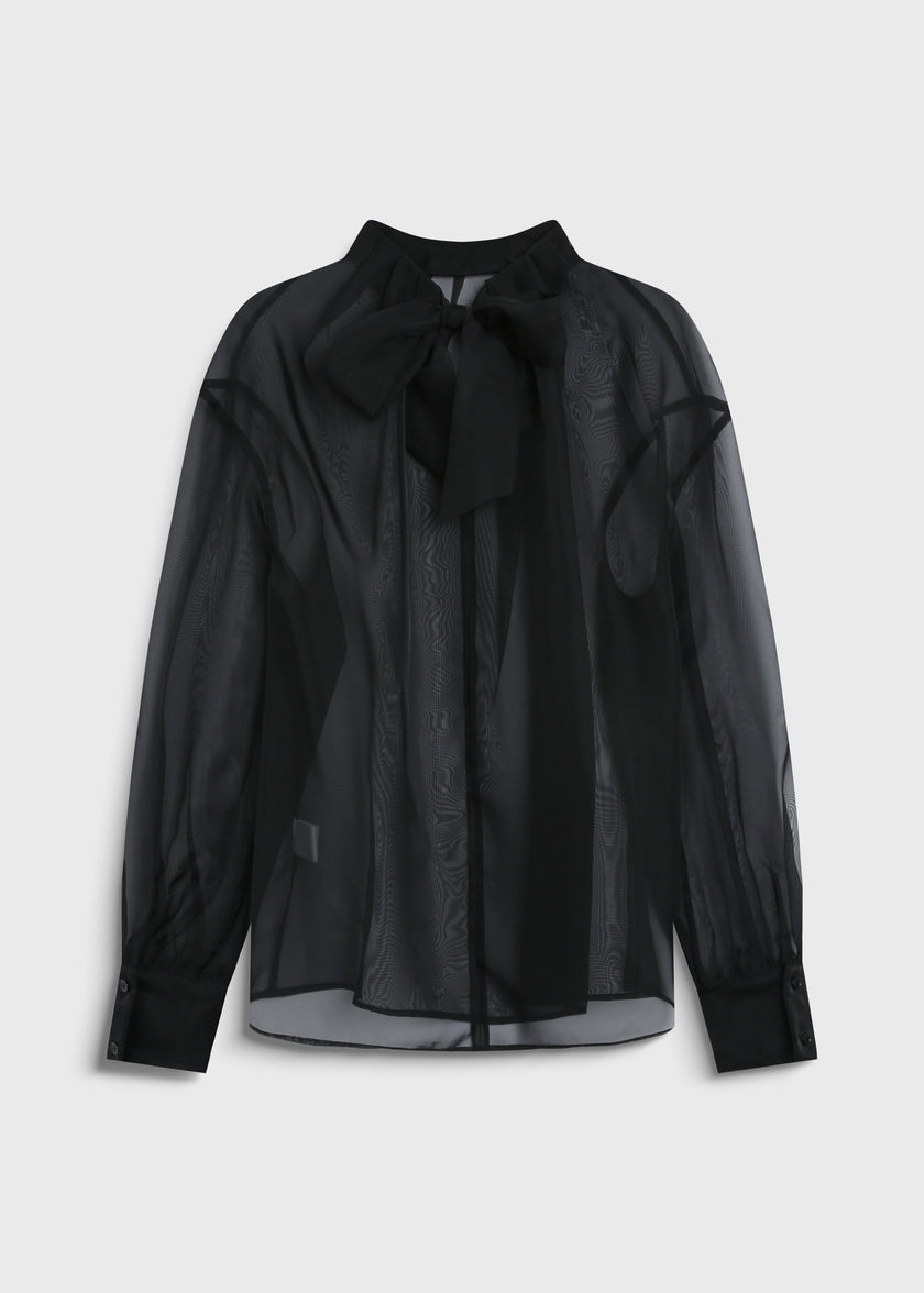 Black organza tie neck top by Ruesophie, oversized fit for evening wear or special events.