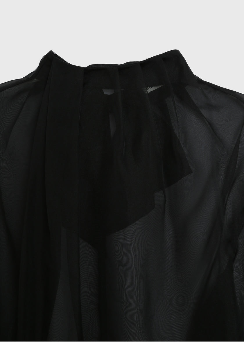 Ruesophie Monnaie Tie Neck Organza Top detail. Black sheer fabric, oversized fit, perfect for elegant evening wear.