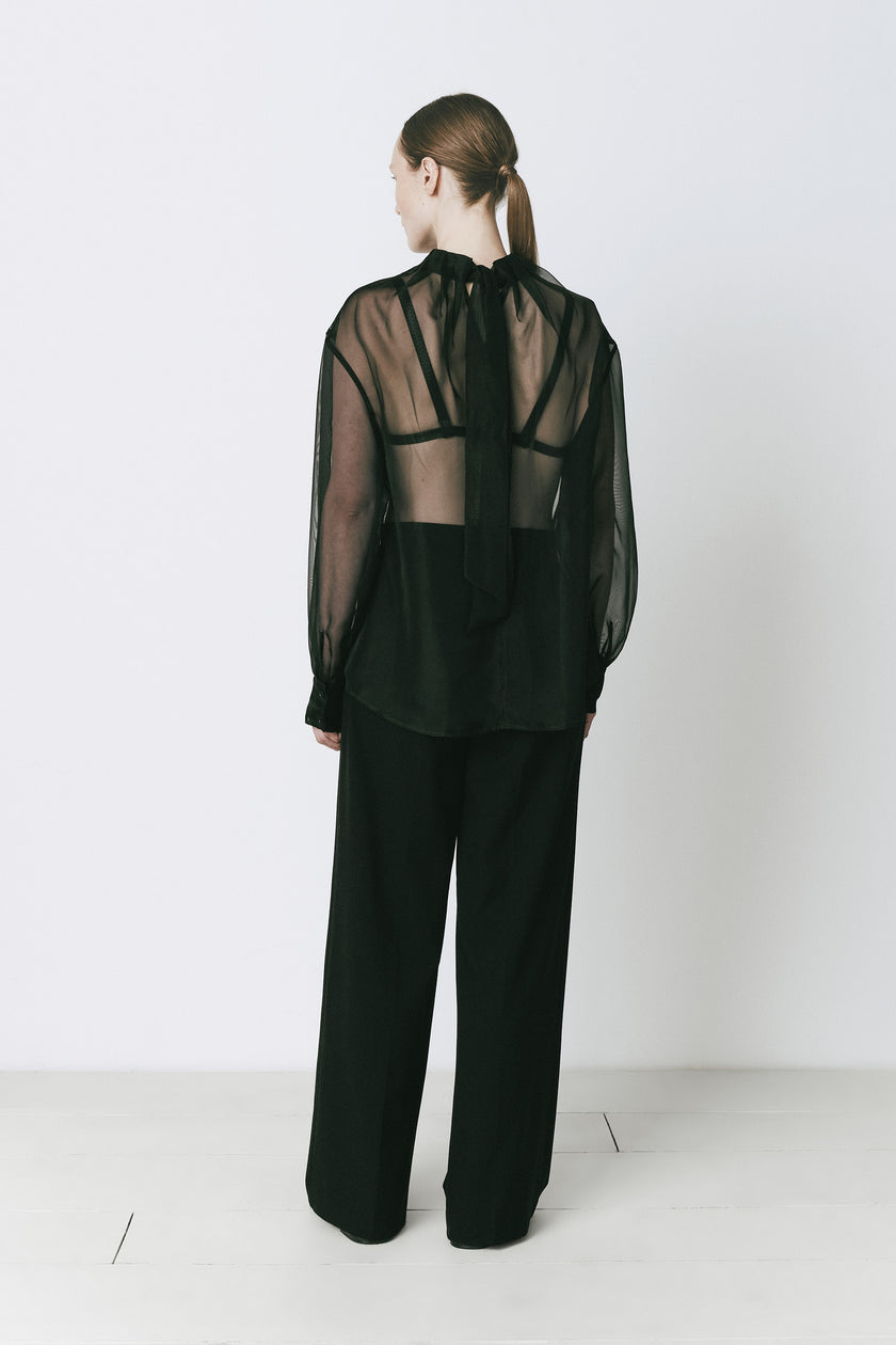 Black sheer organza tie neck top and trousers, perfect for evening wear from Ruesophie.