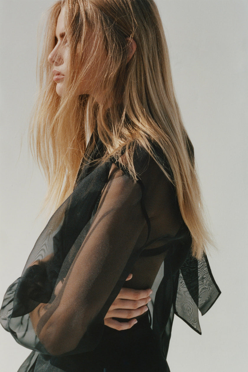 Black sheer organza tie neck top, perfect for evening wear from Ruesophie. Oversized fit.