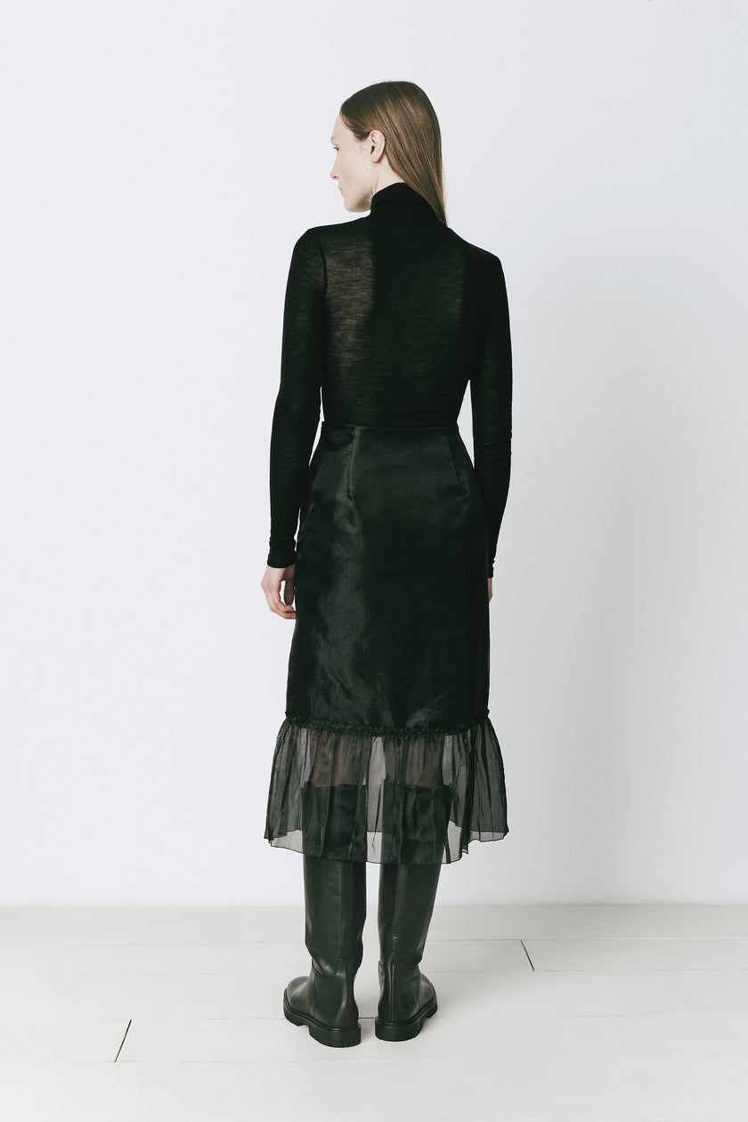 Black Moulin Organza Peplum Skirt with ruffles and black boots, modern fall outfit