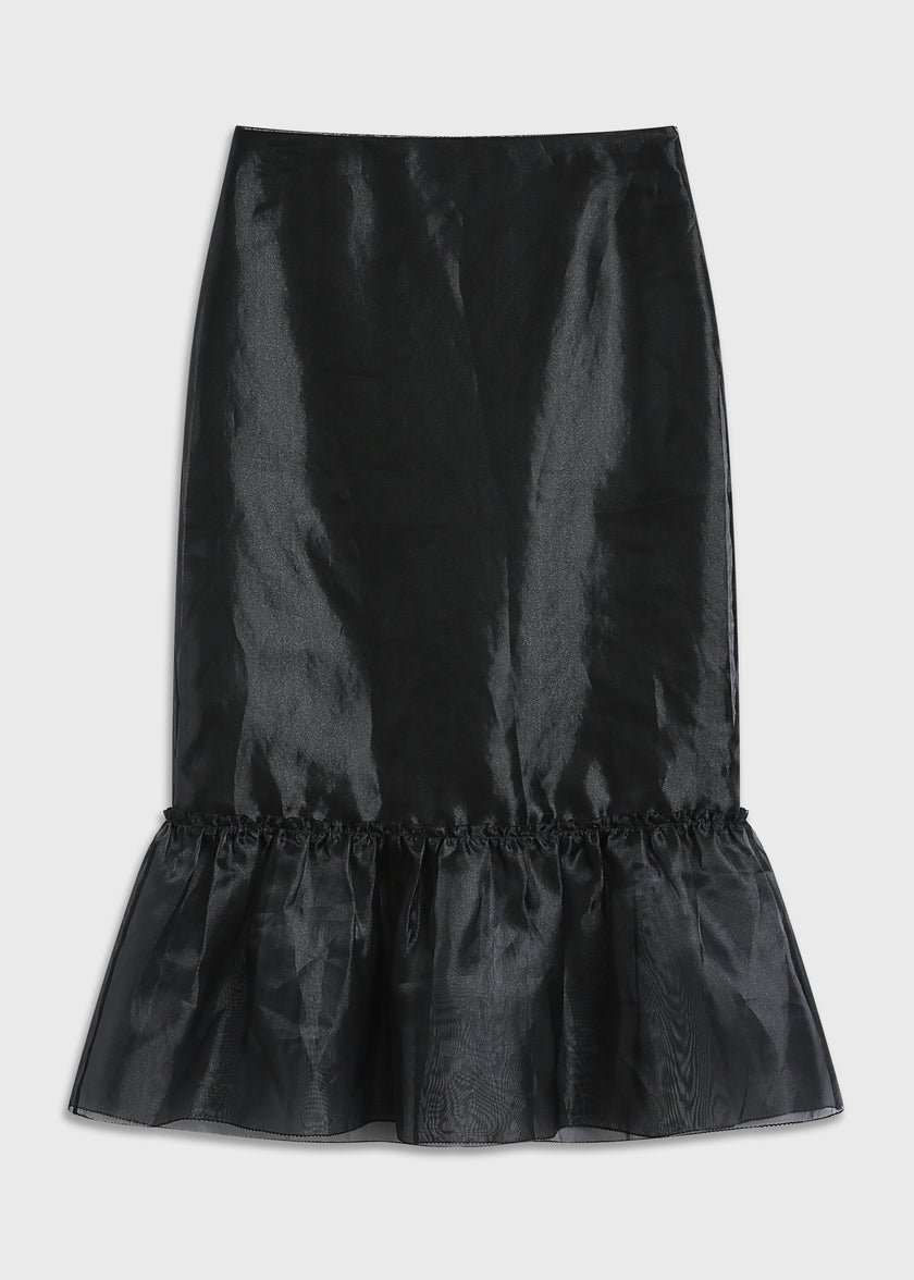 Black Moulin Organza Peplum Skirt, midi length, with ruffled peplum hem and sophisticated sheen, perfect for fall ensembles