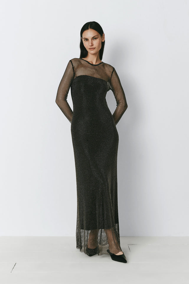 Black mesh rhinestone dress, elegant style perfect for evening events
