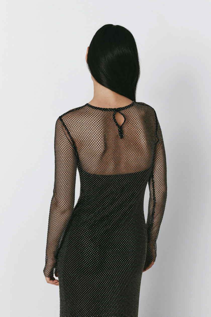 Black rhinestone mesh dress, elegant evening wear. Pierres Rhinestone Mesh Dress.