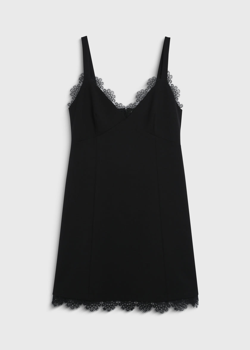 Black Rêve Lace Trimmed Mini Dress. Featuring delicate lace trim on neckline and hem. Perfect for Rue Sophie collection.