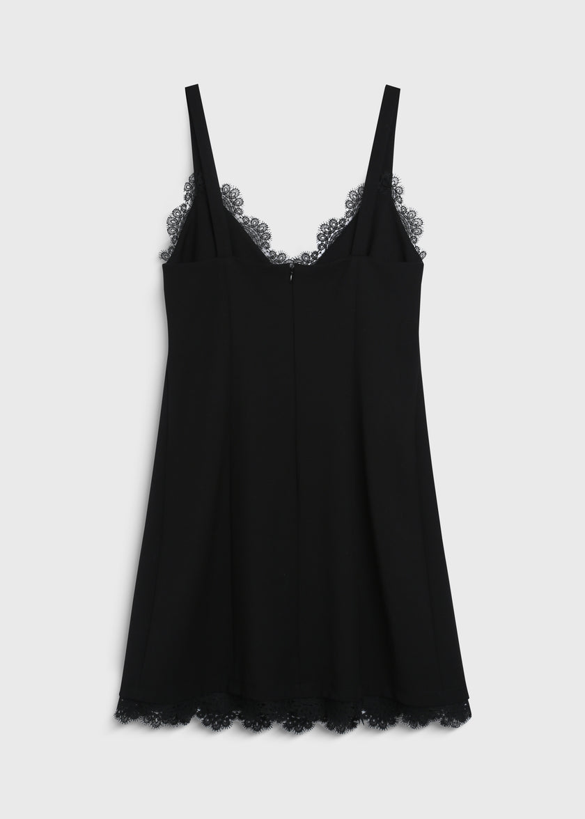 Black Rêve Lace Trimmed Mini Dress featuring lace trim, perfect for Rue Sophie collection