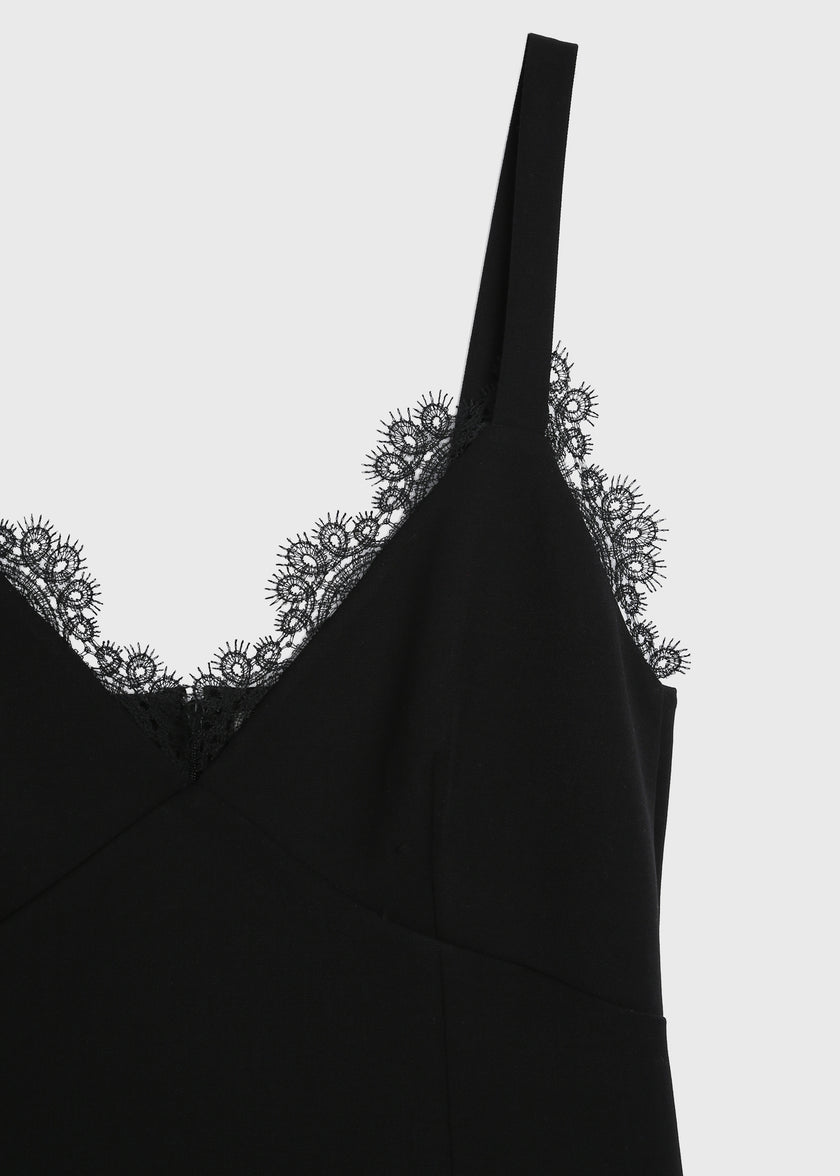 Black Rêve Lace Trimmed Mini Dress, featuring delicate black lace trim on the neckline, Rue Sophie collection