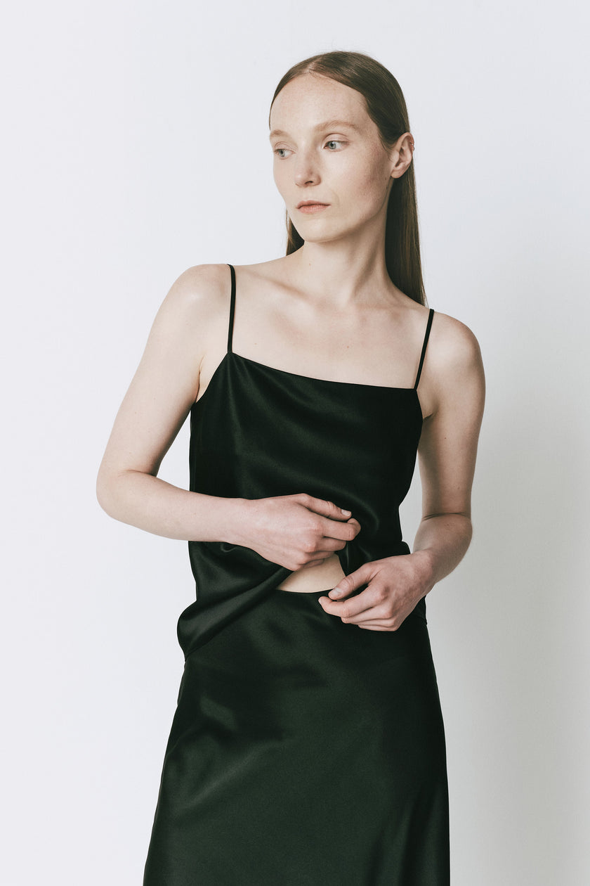 Black silk maxi skirt and top, fluid drape, elegant fall outfit