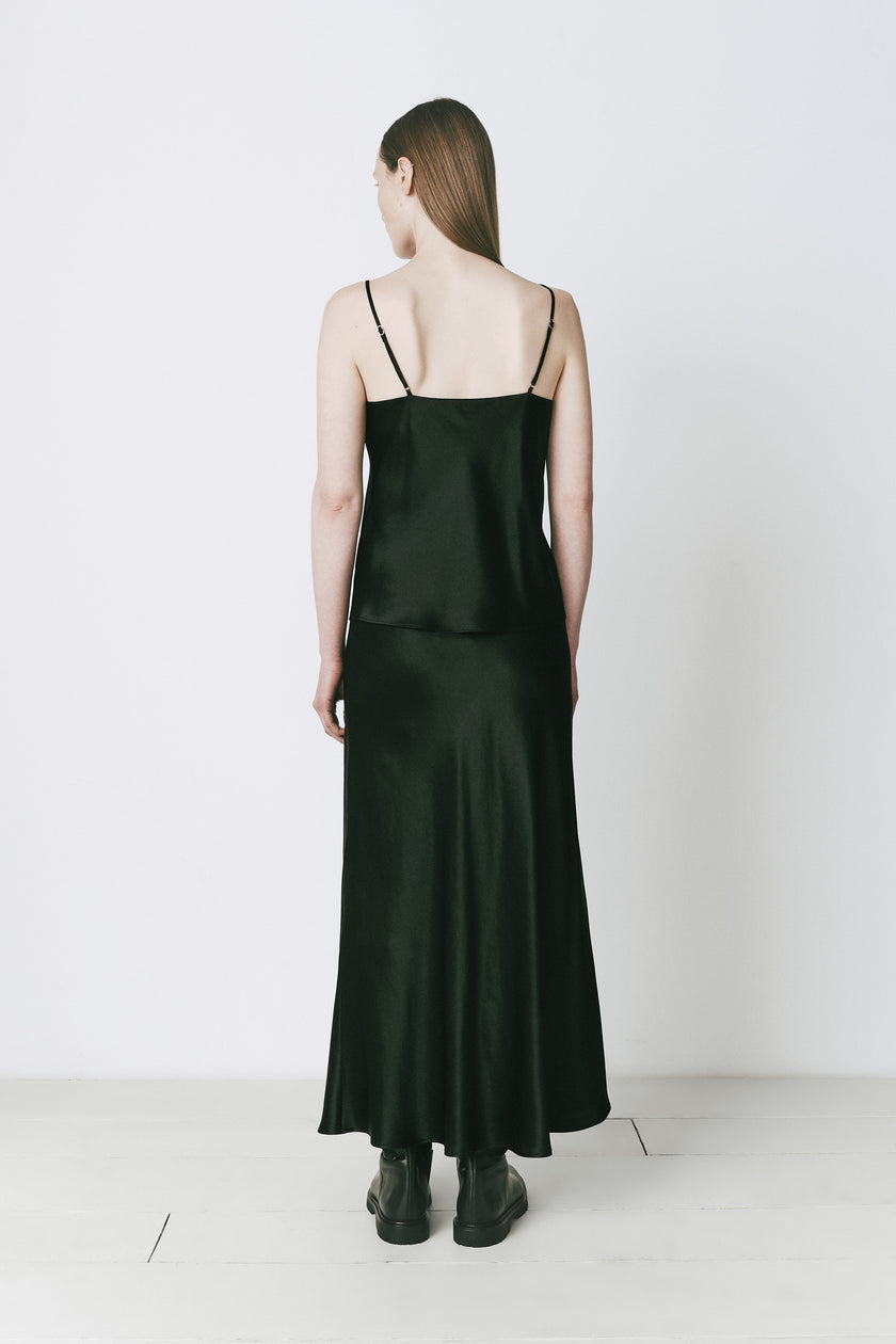 Emerald green silk top and skirt with spaghetti straps, Rivoli Silk Top, sleek and elegant.