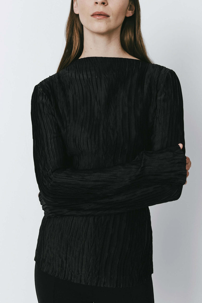 Black Sidonie Pleated Top for Women | Pleated texture, tailored fit, minimalist design