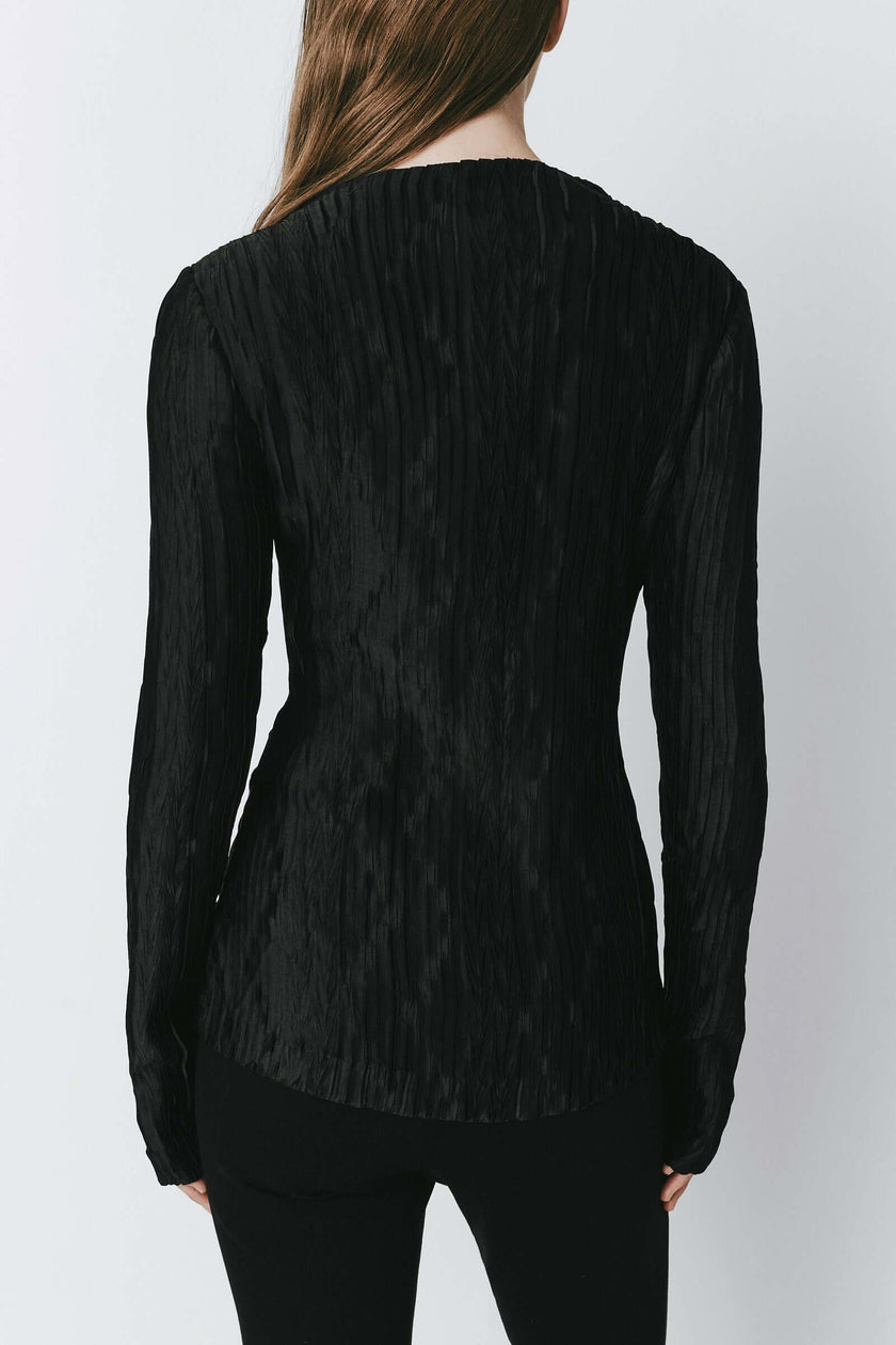 Black Sidonie Pleated Top, textured fabric, long sleeves, perfect for evening wear, form-fitting