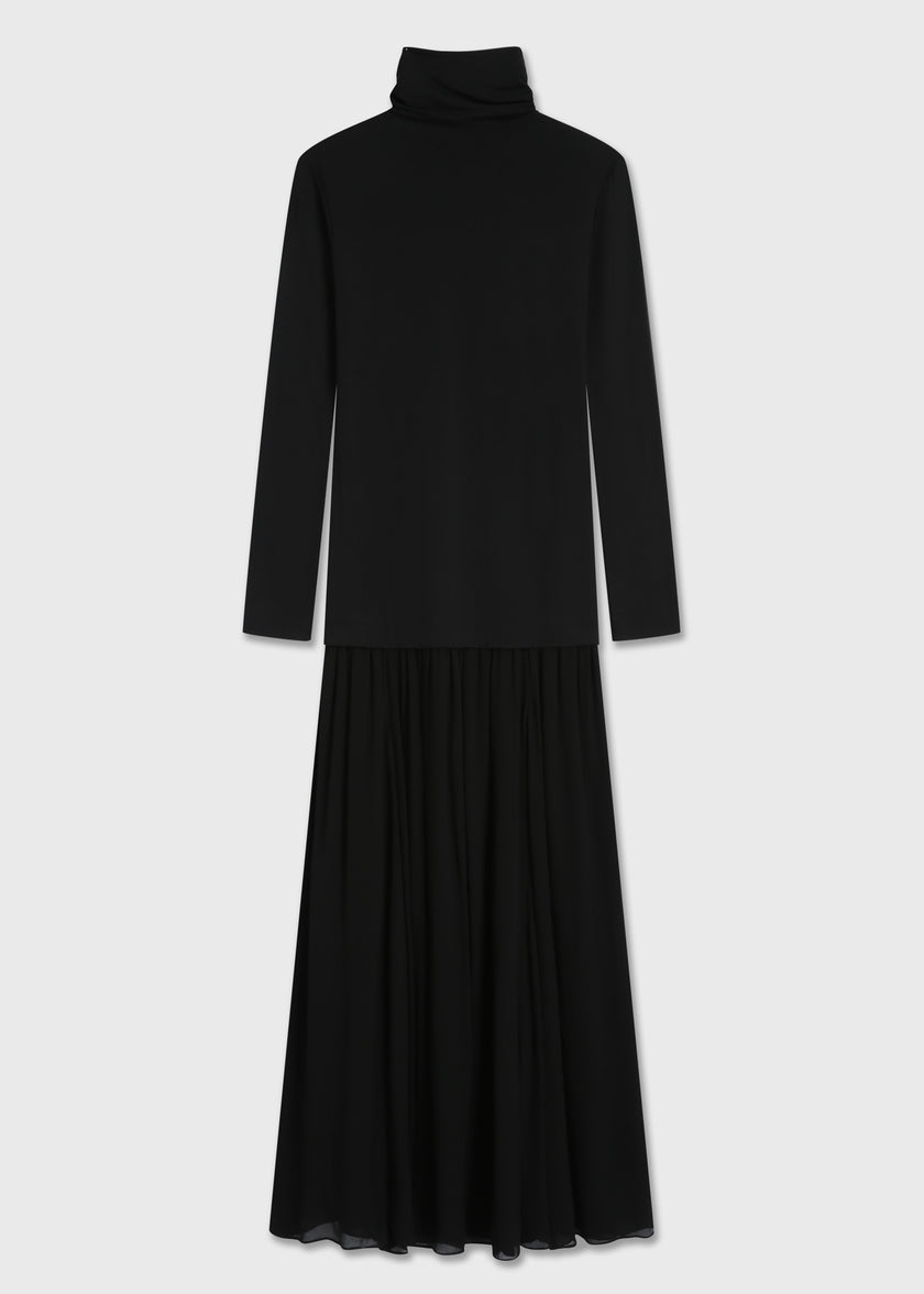 Black Solène Maxi Dress, viscose blend, featuring a turtleneck, perfect for daytime or evening wear.