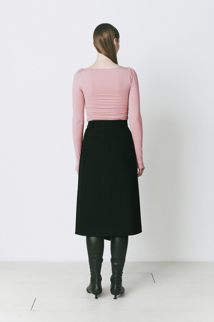 Verrerie Ruched Top in rose and black skirt, slim-fitting top with ruched sides, suitable for layering, Rue Sophie style.
