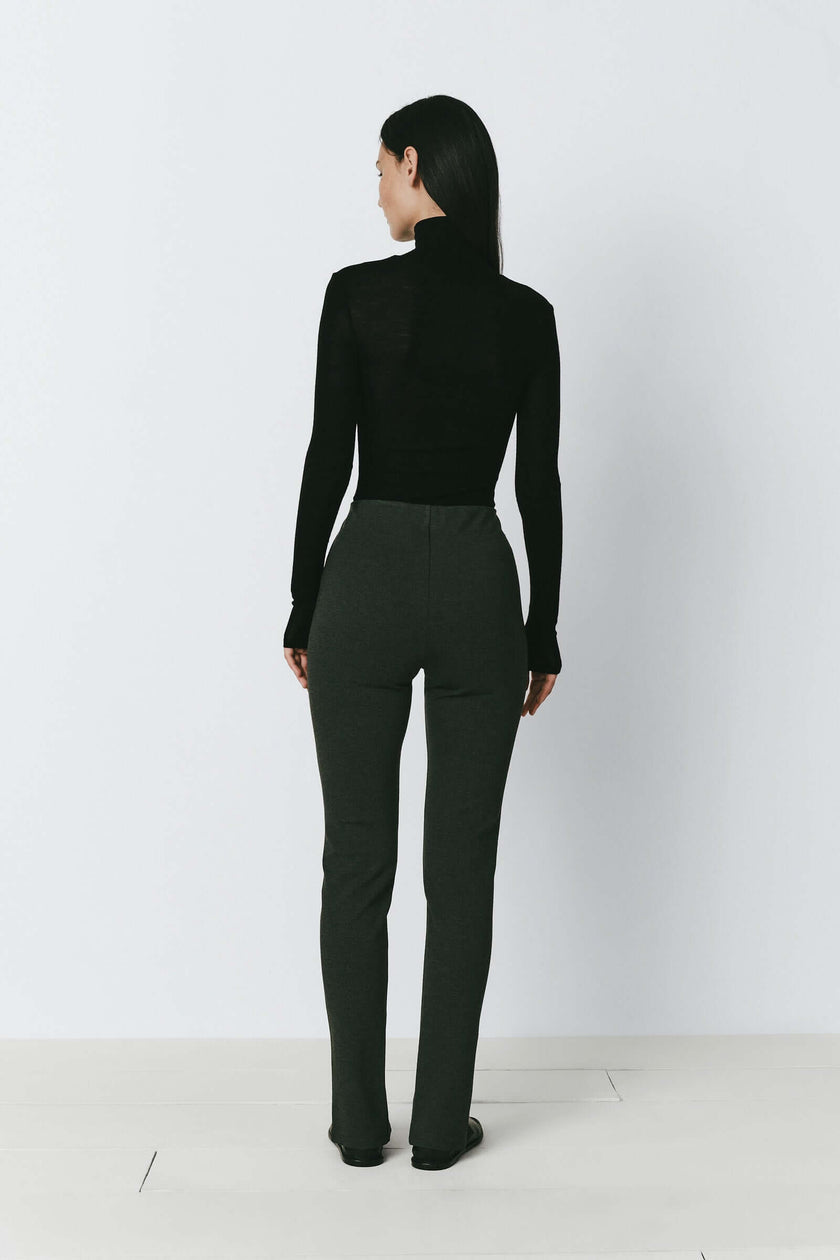 Charcoal Vitry Ponte Zipper Pant, modern outfit, black turtleneck, slit hem