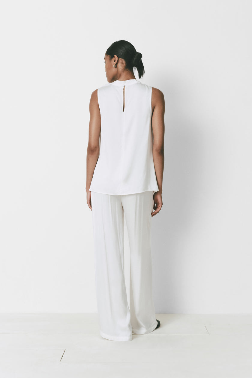 Le Sud Pant ensemble: White satin wide-leg trousers and sleeveless top, from Rue Sophie.