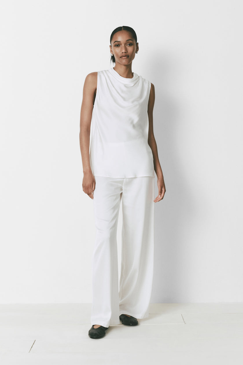 Rue Sophie Le Sud Pant - White satin wide-leg trousers and cowl neck top ensemble