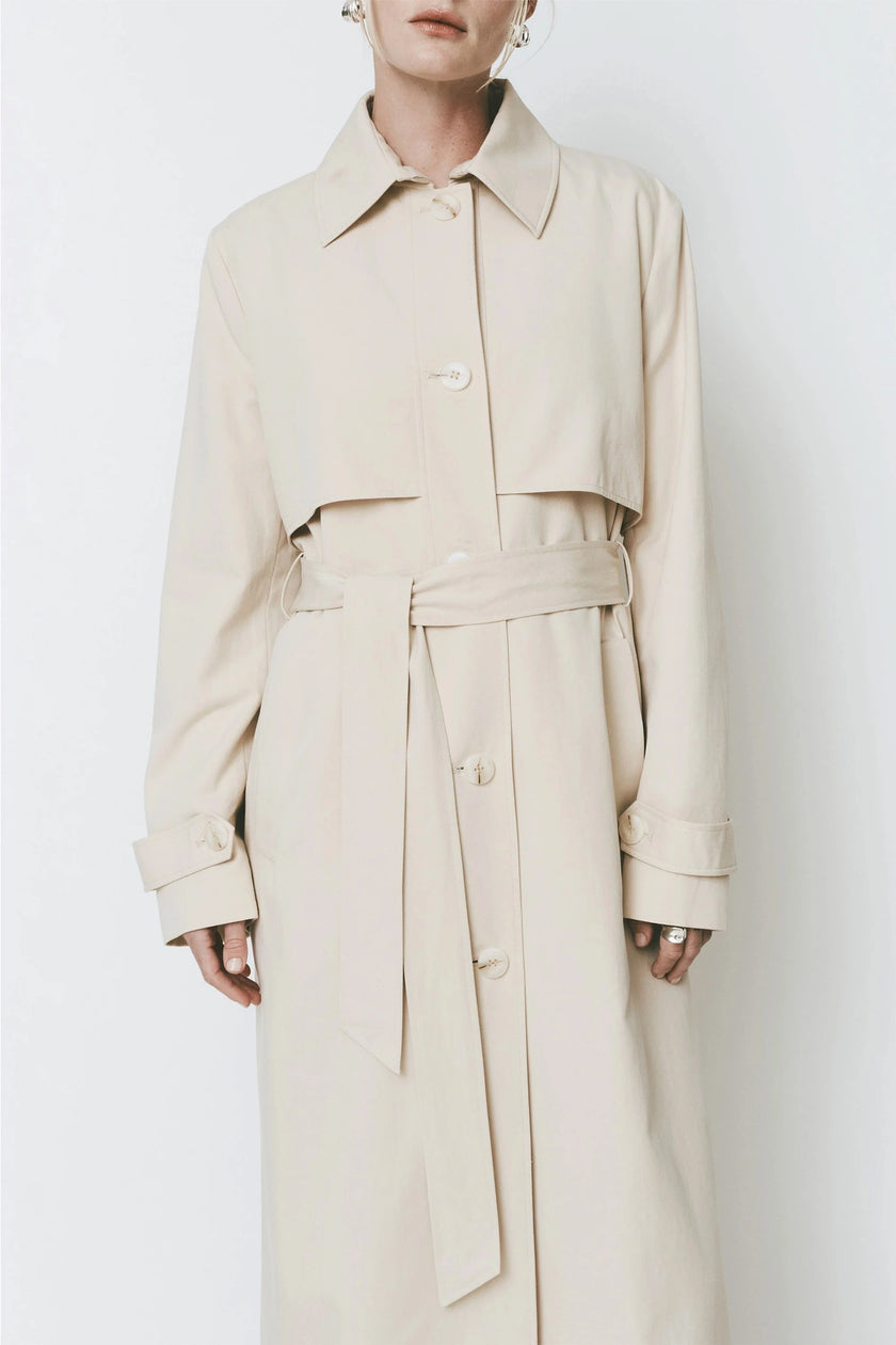 Beige Cassis Trench Coat for Women with Relaxed Fit and Belted Waist