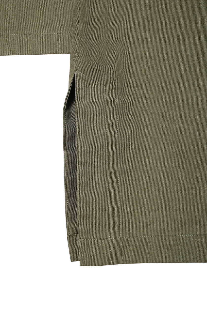 Provenance Oversized Jacket detail, olive green fabric texture and unlined construction.