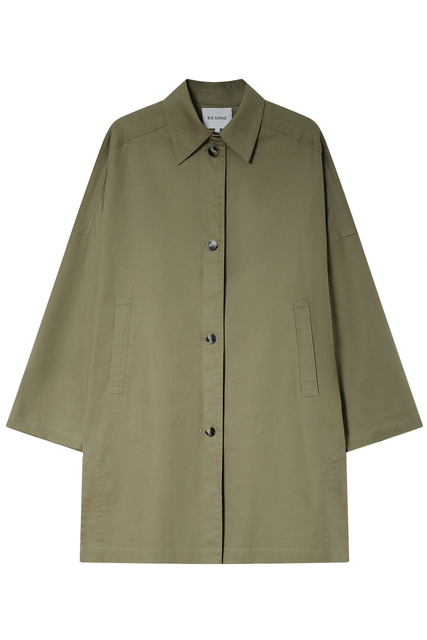 Provenance Oversized Jacket in Mosswood, midi green coat, unlined structure, Rue Sophie