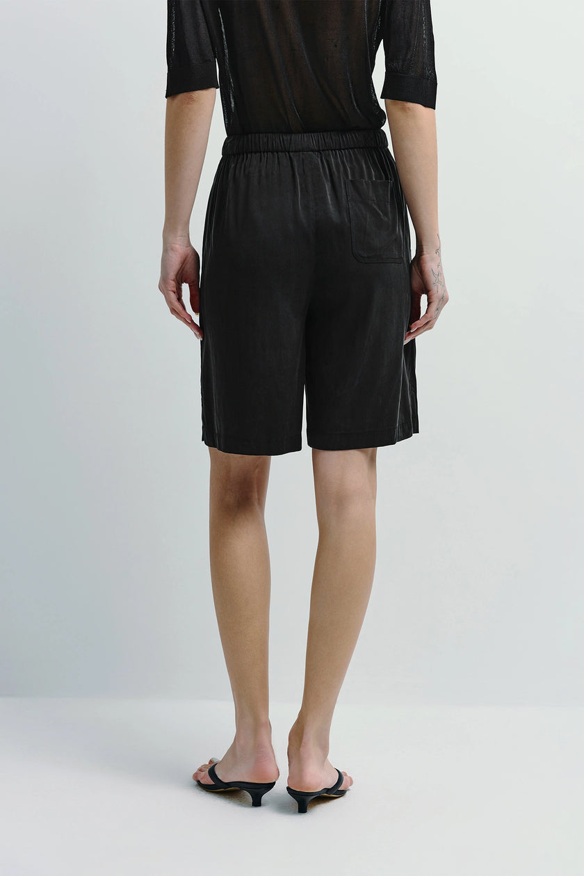 Black Frankie Drawstring Shorts, silky touch, relaxed fit, modeled from the back for women