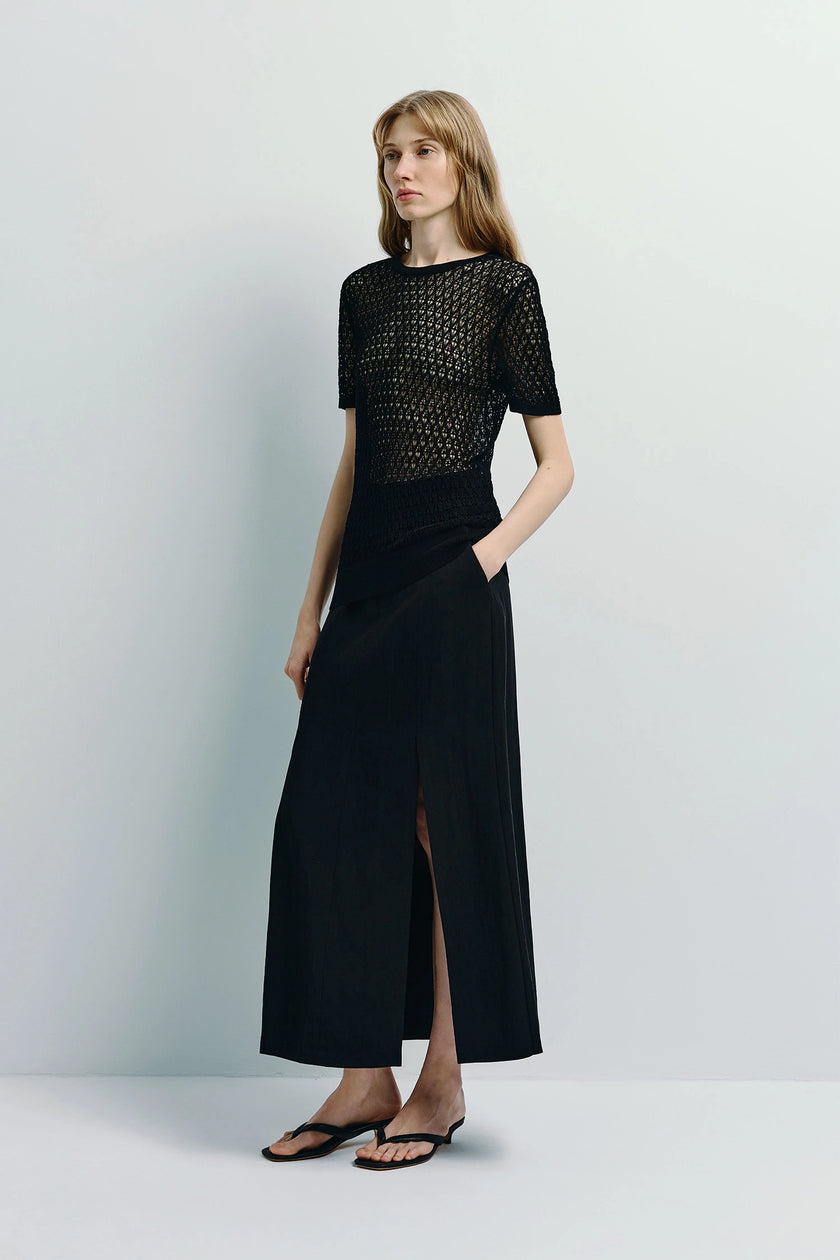 Black Mavis Slit Front Midi Skirt with front slit, linen blend, and mesh top outfit