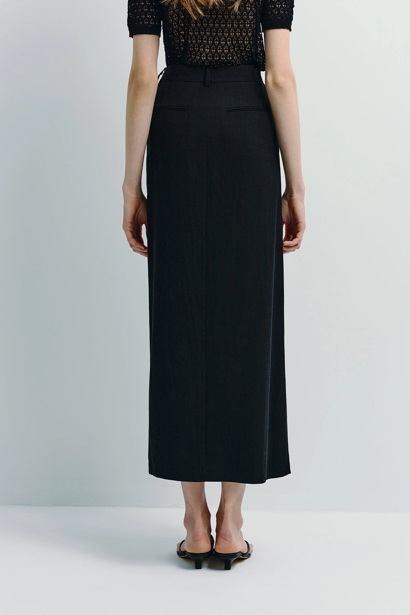 Mavis Slit Front Midi Skirt in black, made from a breathable linen lyocell blend, a stylish and sustainable choice.