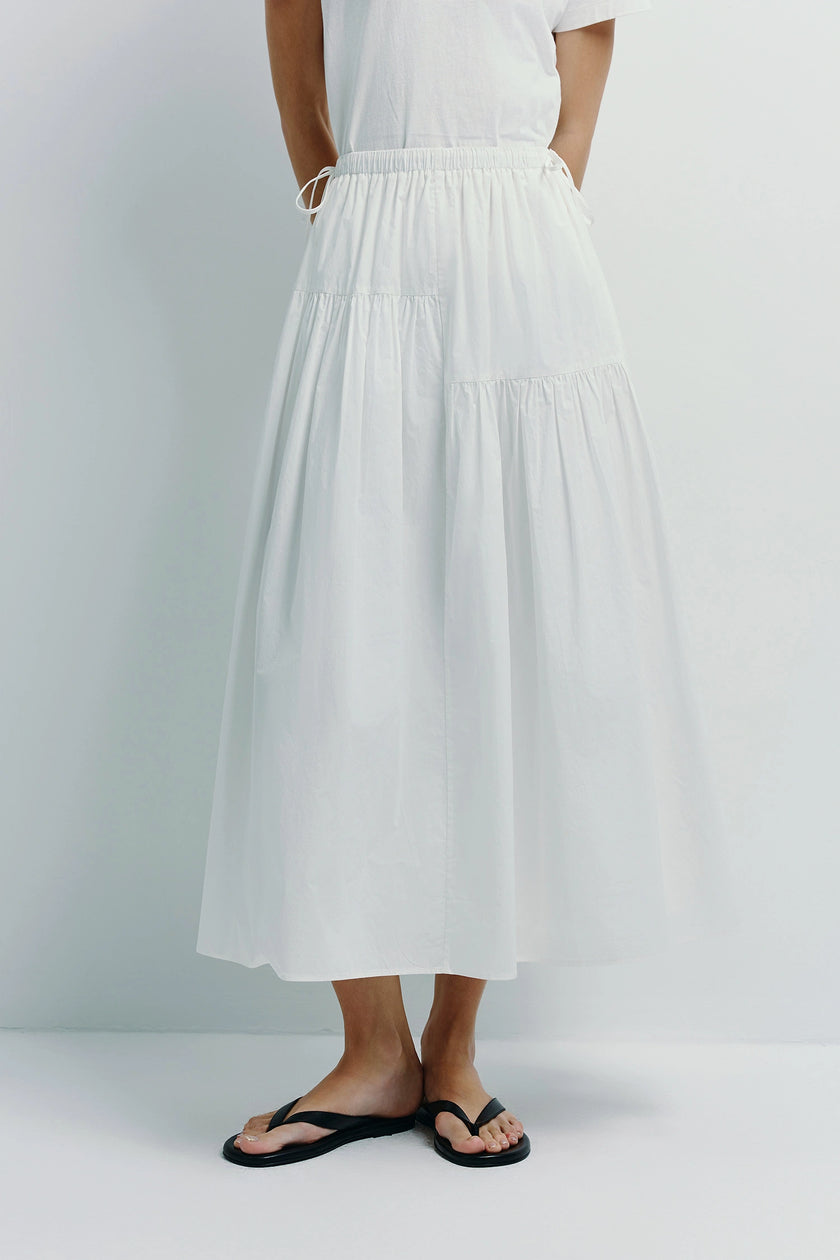 White Etoile Voluminous Skirt, sustainable cotton A-line skirt, tiered design