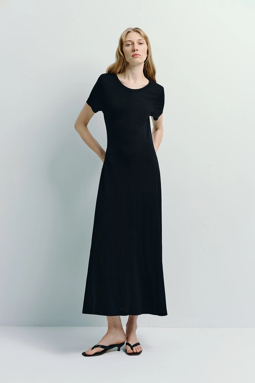 Ciles Drapey Tee Dress in black, featuring fluid viscose blend midi dress and crew neck design.