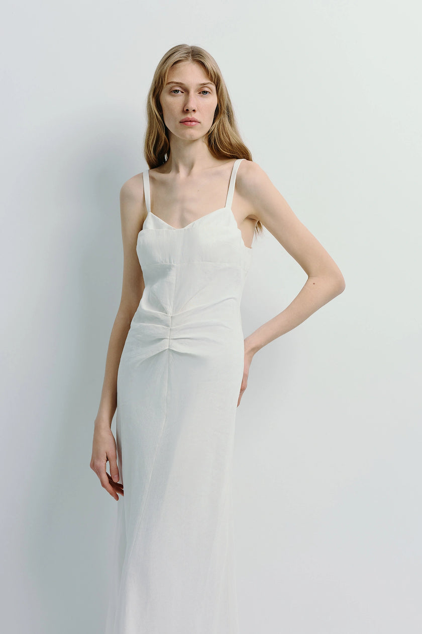 White Jiselle Pleated Waist Dress in premium linen-viscose blend