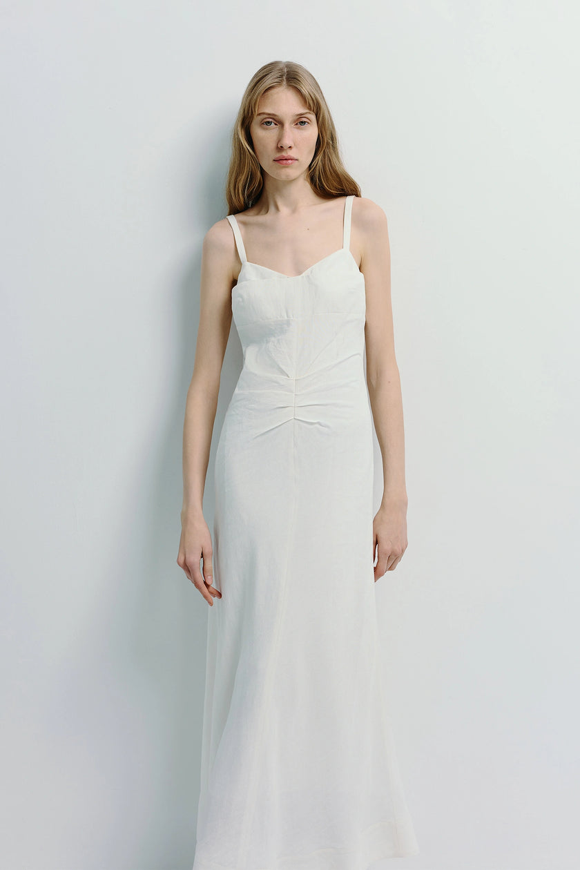 White Jiselle Pleated Waist Dress, linen-viscose blend cami dress, minimalist design.