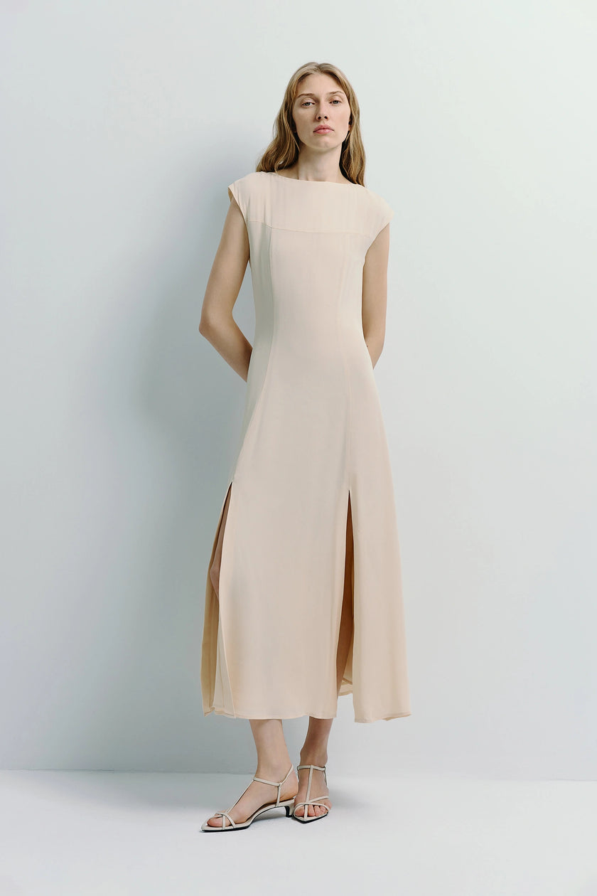 Beige Geordie Slit Front Dress, midi dress with front slits. Premium fabric for spring evenings.