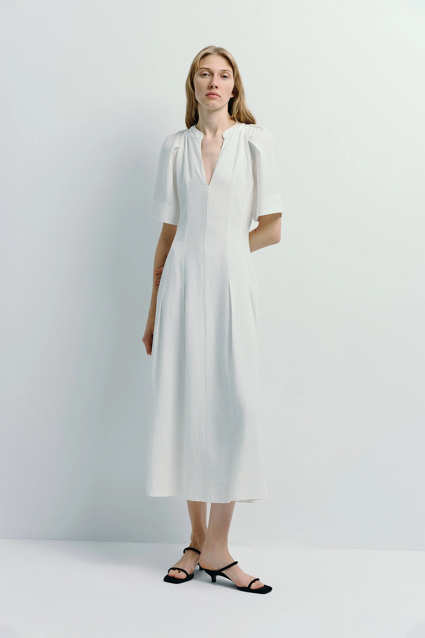 White lyocell-linen blend Carlyl dress with pleated sleeves, perfect for a refined look