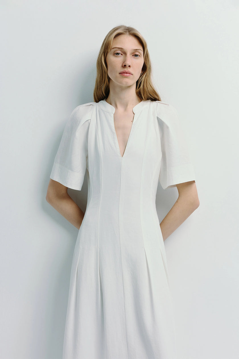 White Carlyl Pleated Sleeve Dress crafted from lyocell-linen blend with pleated sleeves