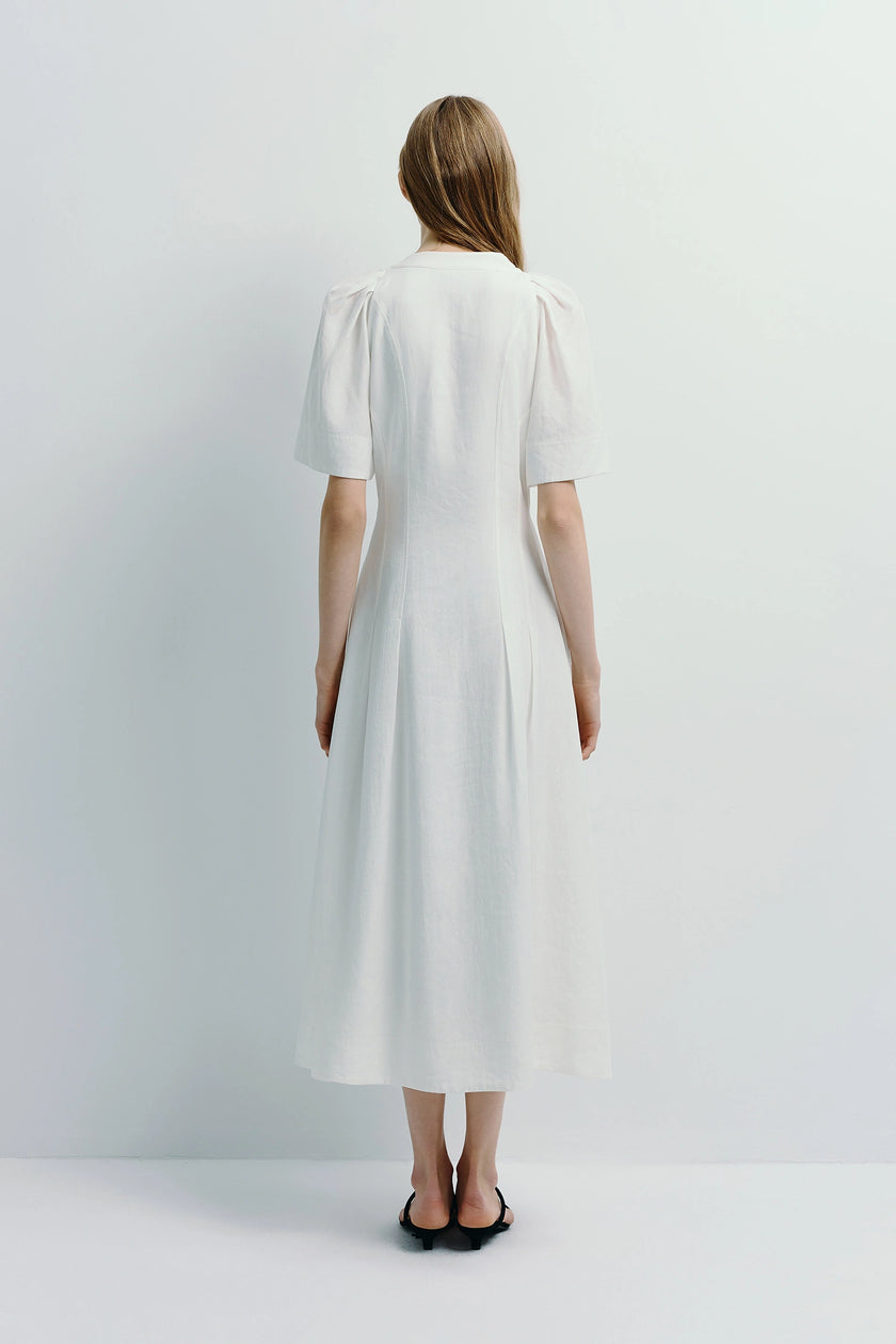 White Carlyl Pleated Sleeve Dress with pleated sleeves in lyocell-linen blend