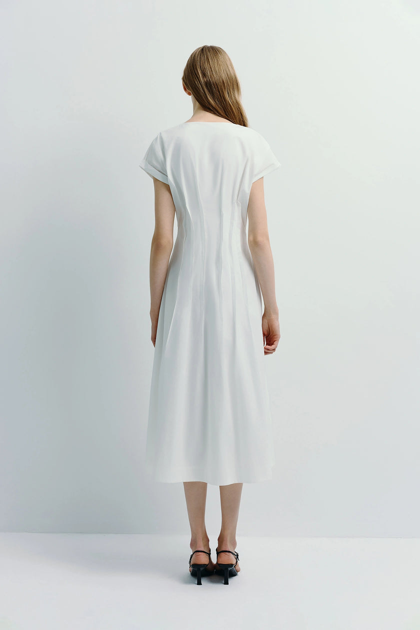 White cotton Verri Pintuck Midi Dress, back view, showing pintuck detail and flowy design