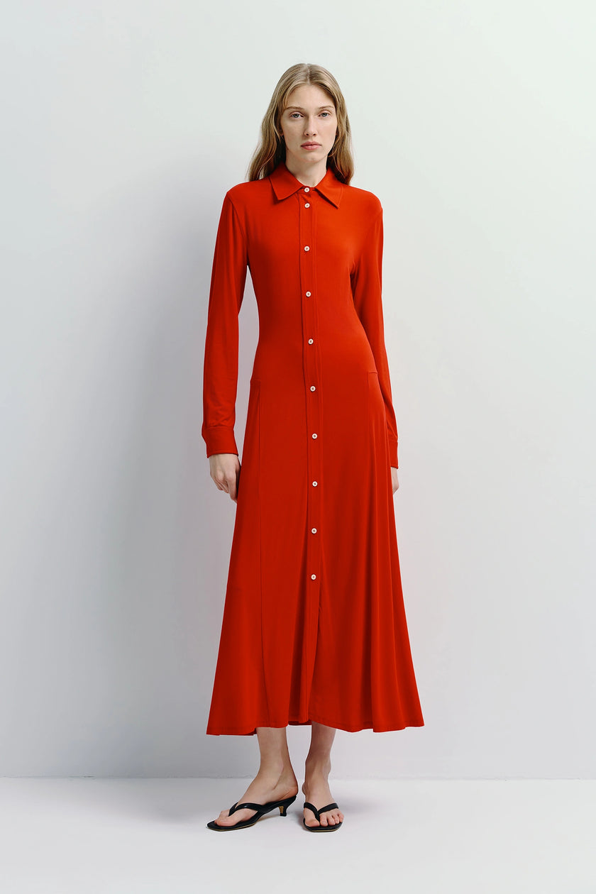 Jilly Button Down Dress in red, a silky viscose-spandex blend, perfect for a chic and elegant look for professional women.