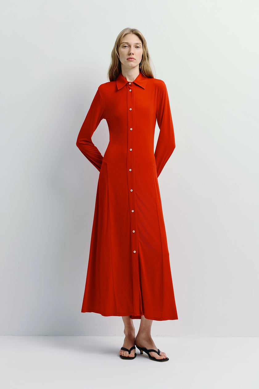 Red Jilly Button Down Dress with collared neckline, long sleeves, button-down front, and viscose-spandex blend