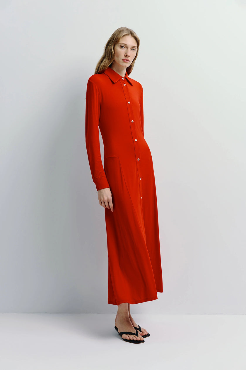 Red Jilly Button Down Dress in a silky viscose-spandex blend with collared neckline