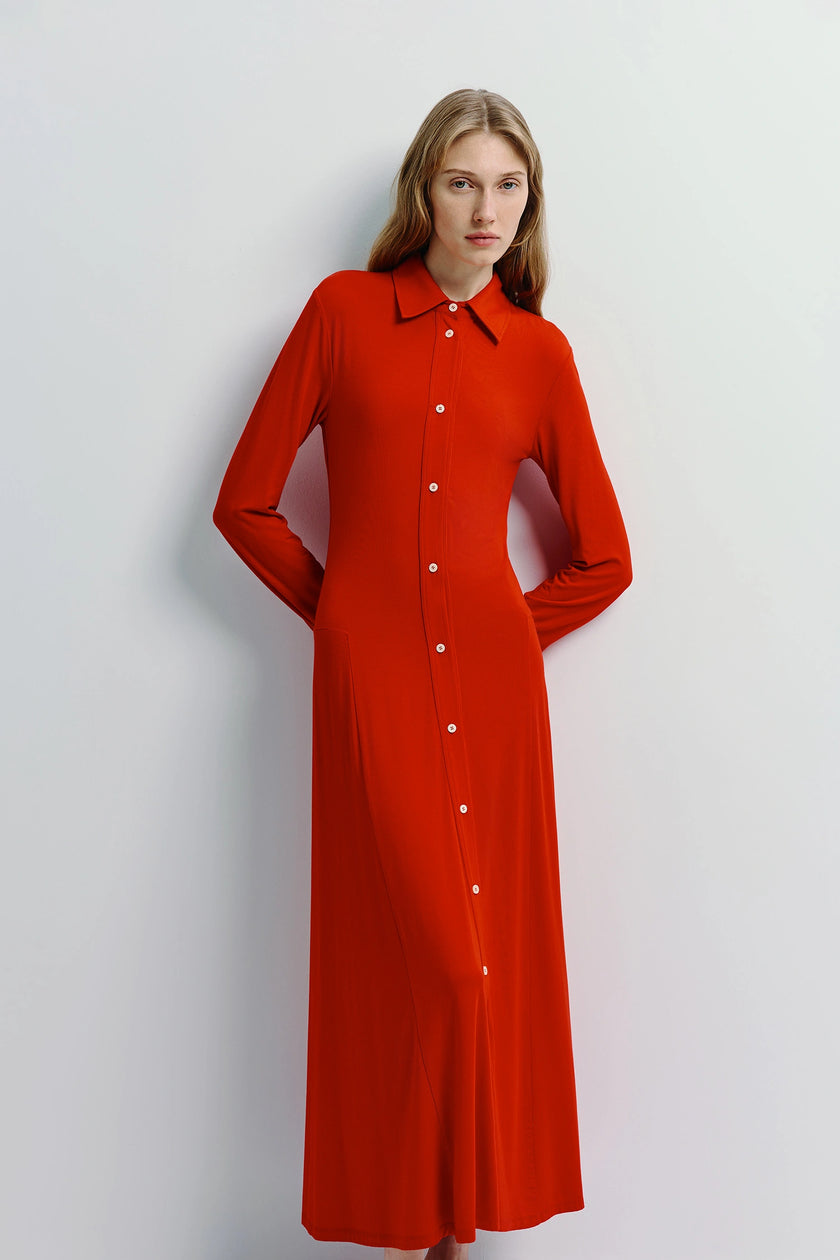 Red Jilly Button Down Dress in a silky, viscose-spandex blend, perfect for a chic and elegant look.