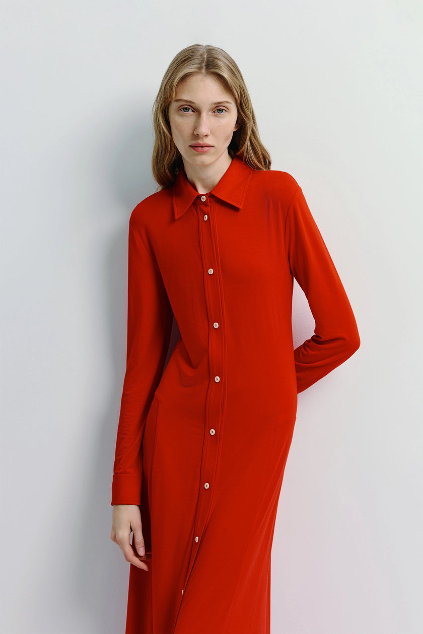 Jilly Button Down Dress in red, featuring a silky viscose-spandex blend with a collared neckline.