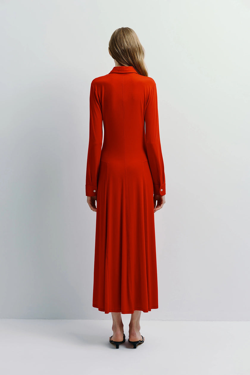 Red Jilly Button Down Dress, back view, featuring a silky viscose-spandex blend with a collared neckline, and long sleeves